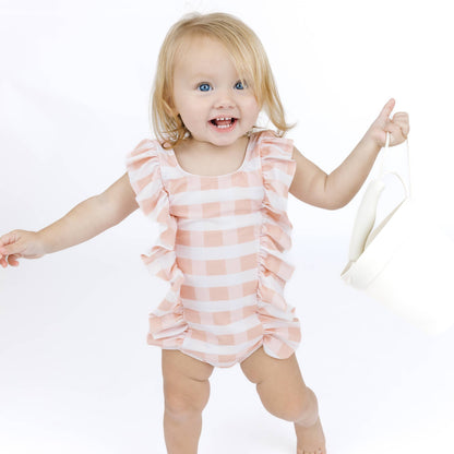 Pink Gingham Ruffle Front One Piece Girls Swimsuit