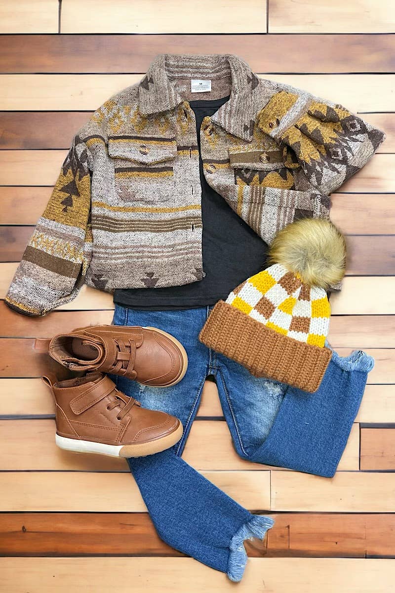 Golden & Tan Aztec Printed Crop Shacket