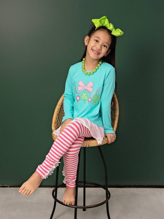 Embroidered Clovers with Striped Leggings Set