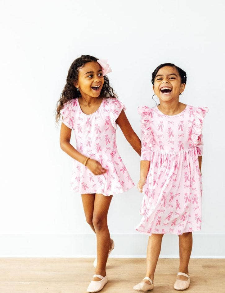 Twirling en Pointe 3/4 Sleeve Ruffle Twirl Dress