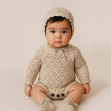 Lacy Vintage Pearl Romper + Bonnet