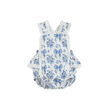 Blue Floral and Bow Print Apron Ruffle Romper