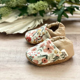 White Spring Floral with Tan Baby Shoes