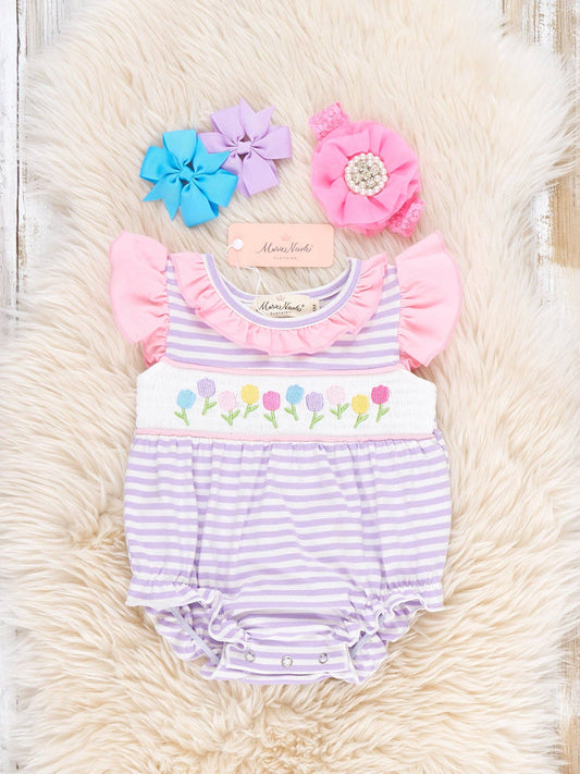 Tiny Spring Blossoms Smocked Ruffle Bubble