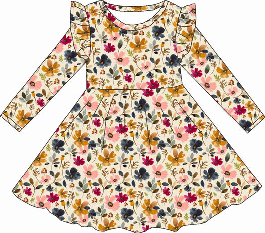 Watercolor Floral Bamboo Ruffle Dress