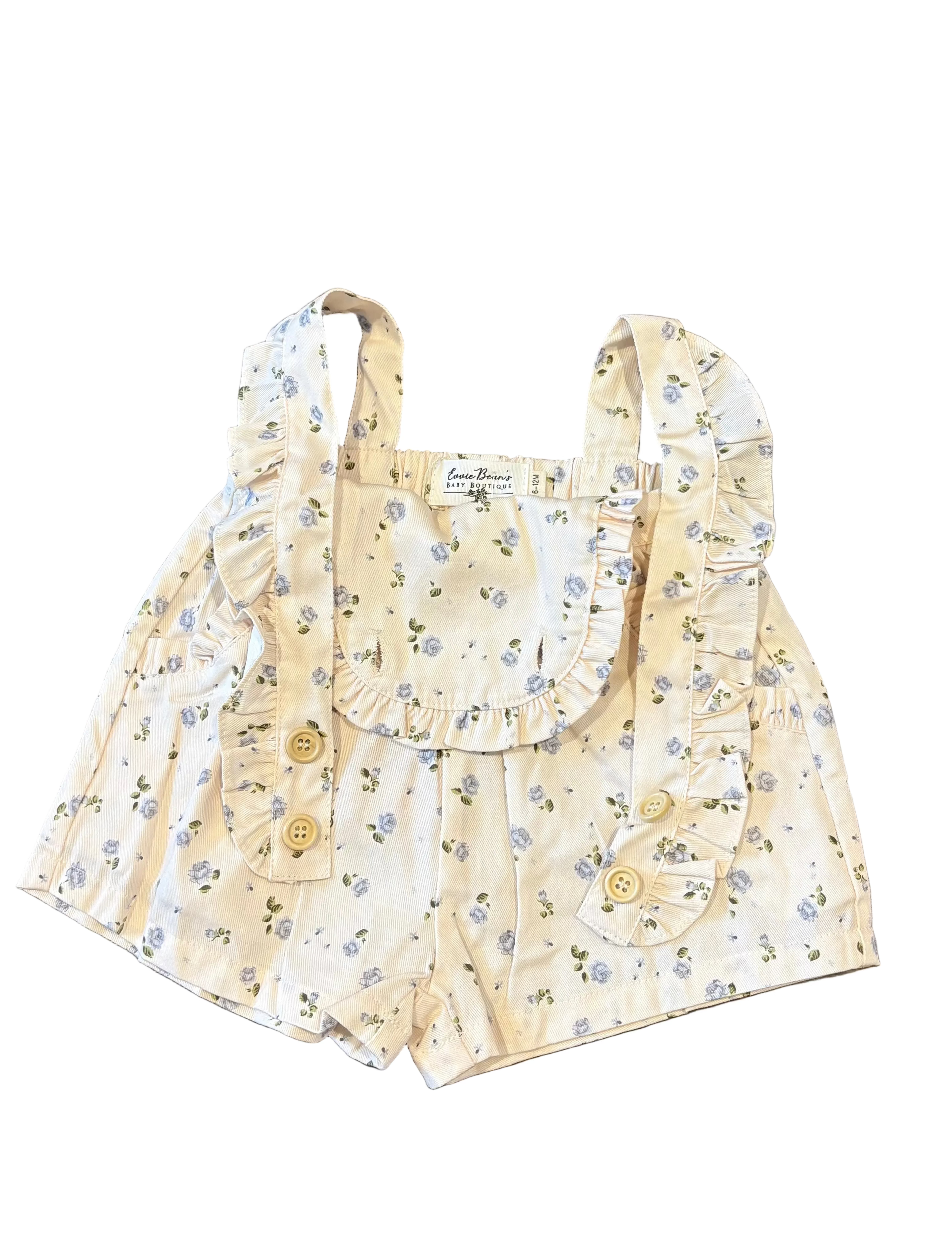 Ruffle Trim Floral Denim Shortalls
