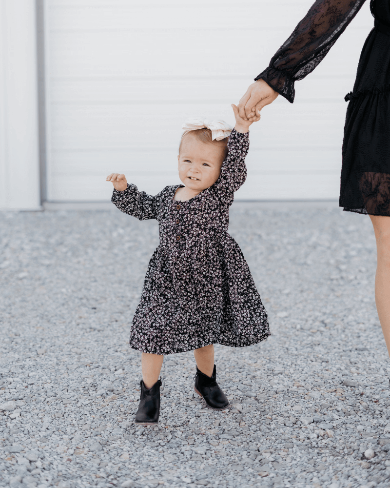 Quarter-Sleeve Button-Up Dress - White & Black Floral - Evvie Bean's Baby Boutique