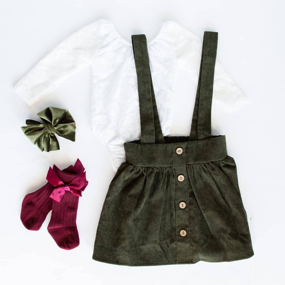 Fallon Corduroy Suspender Skirt - Olive - Evvie Bean's Baby Boutique