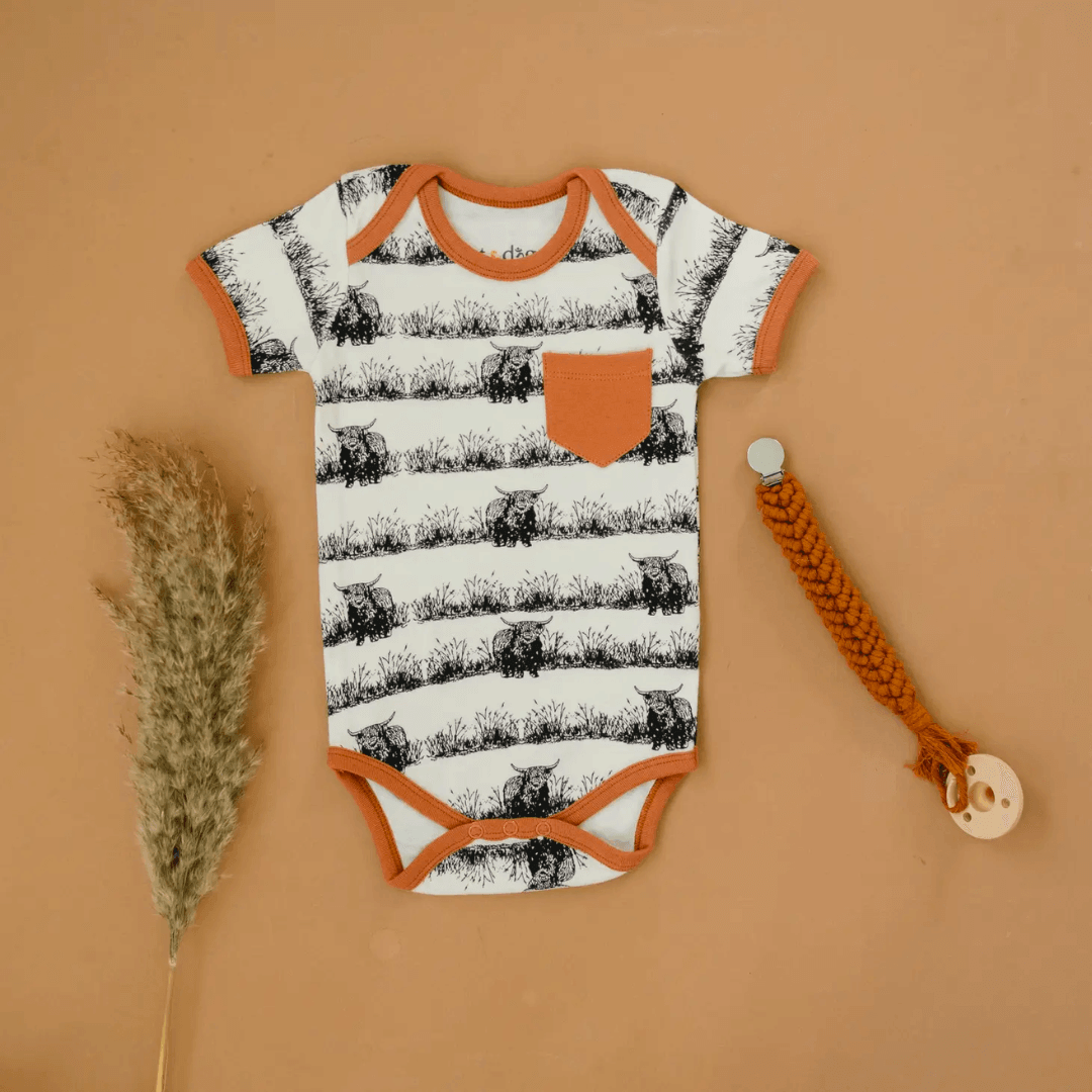 Short Sleeved Highland Cow Onesie - Evvie Bean's Baby Boutique