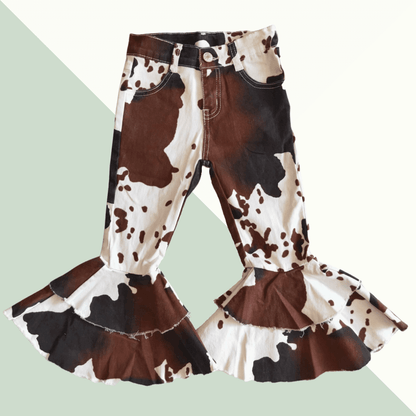 Bell Bottom Denim Ruffle Pants Cow print – Evvie Bean's Baby