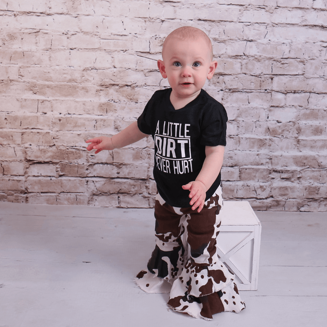 Bell Bottom Denim Ruffle Pants - Cow print - Evvie Bean's Baby Boutique