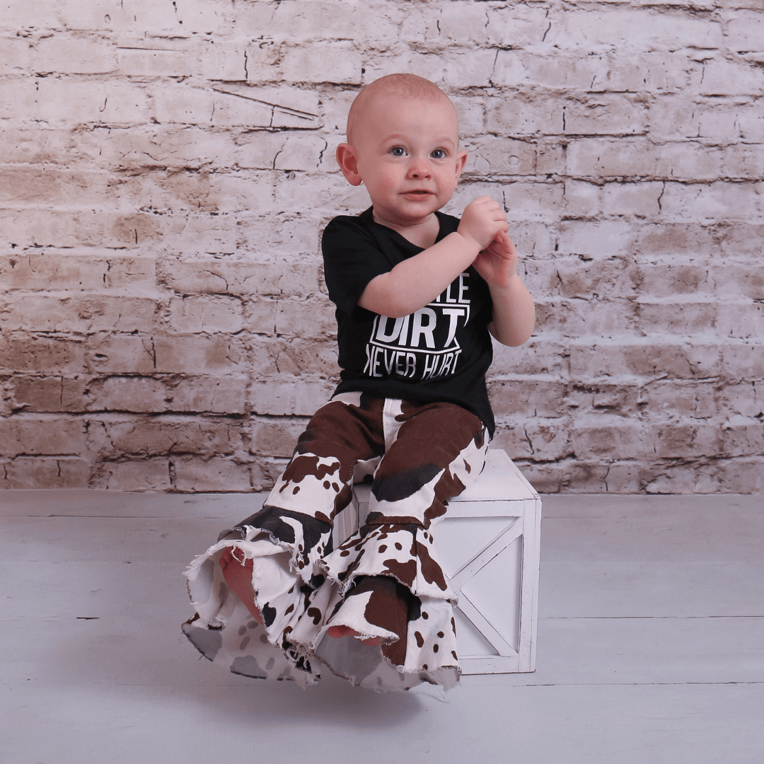 Bell Bottom Denim Ruffle Pants - Cow print - Evvie Bean's Baby Boutique