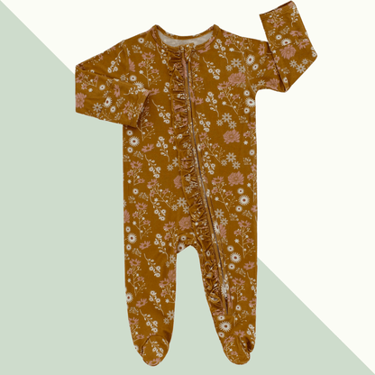 Footie Bamboo Sleeper - Mustard Floral - Evvie Bean's Baby Boutique