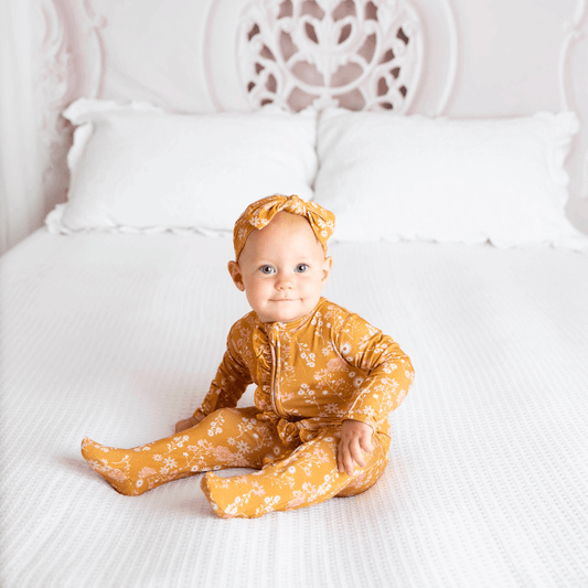 Footie Bamboo Sleeper - Mustard Floral - Evvie Bean's Baby Boutique